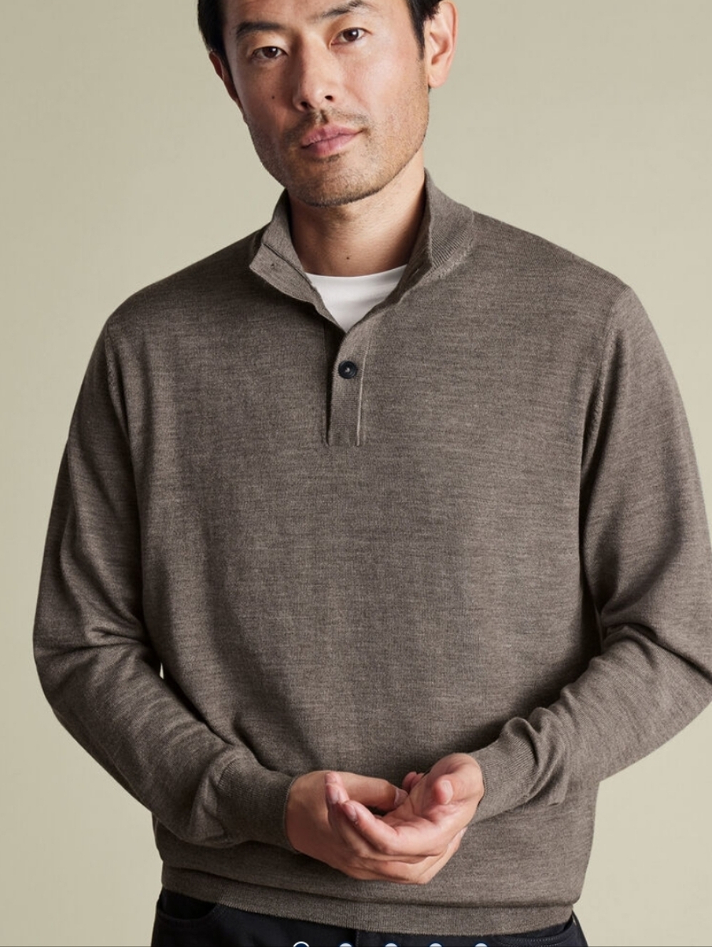 Charles Tyrwhitt 100% Extra Fine Merino Wool Button Neck Sweater XL‎ Brown Italy